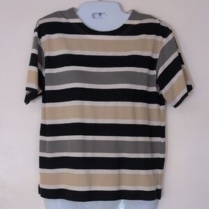Jaclyn Smith Striped Short Sleeve Tee in Black, Gray & Beige